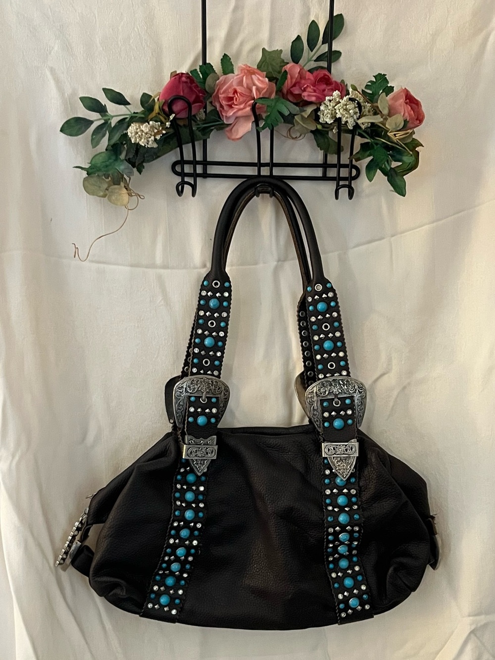 Dark Brown Shoulder Bag with Turquoise Stud Detailing